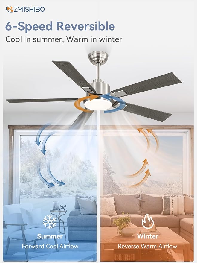 ZMISHIBO 52 inch Brushed Nickel Ceiling Fans with Lights and Remote, Indoor/Outdoor Modern Ceiling Fan for Bedroom Living Room Patio, 6 Speed Reversible Quiet DC Motor, 3 CCT, Dual Finish Blades