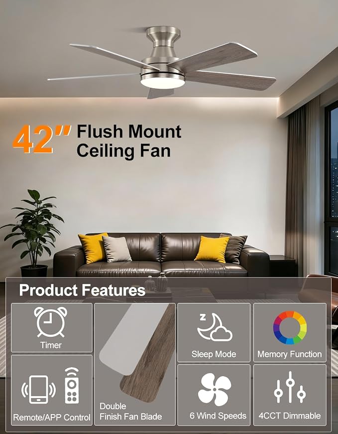 42" RGB Ceiling Fan with Light, App & Remote Controlled Flush Mount Ceiling Fan, Music Sync Lighting, 6-Speed Quiet Reversible DC Motor, 4CCT Dimmable for Bedroom Living Room, Brush Nickel