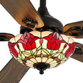 52" Tiffany Style Ceiling Fans with Lights, Vintage Chandelier Ceiling Fan with Stained Glass Shade, Dimmable LED, 6 Speeds Reversible for Bedroom (Red Rose)
