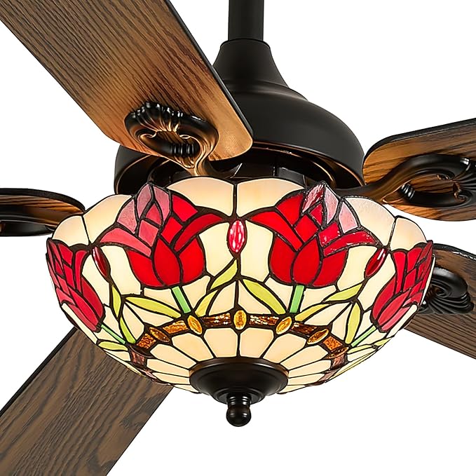 52" Tiffany Style Ceiling Fans with Lights, Vintage Chandelier Ceiling Fan with Stained Glass Shade, Dimmable LED, 6 Speeds Reversible for Bedroom (Red Rose)