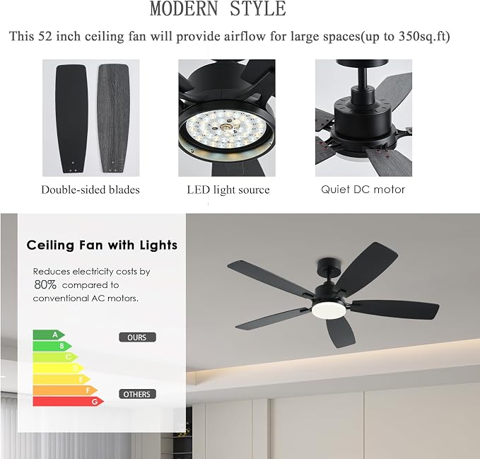NKPU 52 Inch Ceiling Fans with Lights, Black Ceiling Fan and Remote/App Control, 2 Downrods, DC Reversible, Noiseless, Dimmable, 5 Dual-Sided Blades Modern Ceiling Fan for Indoor/Outdoor Use