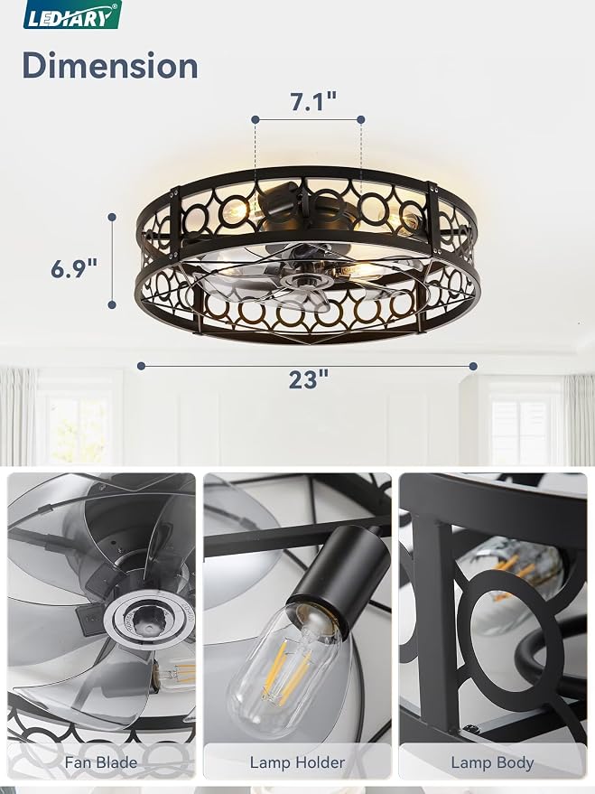 LEDIARY Caged Flush Mount Ceiling Fans with Lights, 23 Inch Farmhouse Low Profile Black Ceiling Fan with Remote, Small Bladeless Fan Lights Ceiling Fixtures for Bedroom, Kitchen- Black