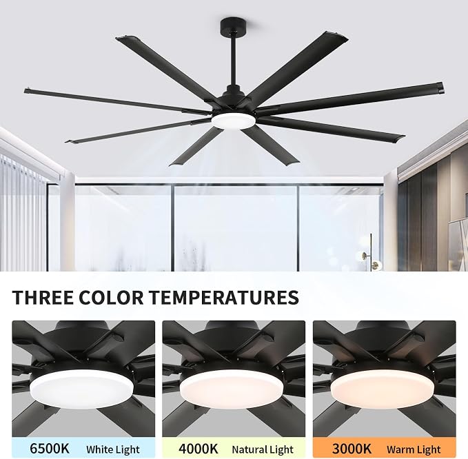 84 Inch Industrial Ceiling Fans with Light，Large Ceiling Fan with 8 Reversible Aluminum Blades, 3CCT, 6-Speed Remote Control, Home or Commercial Ceiling Fan for Porch/Garage/Shop
