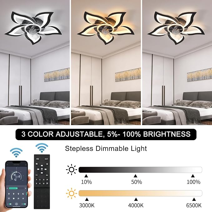 26" Geometric Ceiling Fan with Lights Remote Control, 6 Speeds 3 Colors, Black Low Profile Flush Mount Ceiling Fan for Kitchen Bedroom Living Room