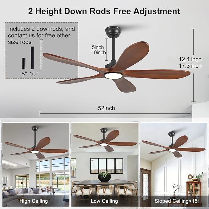 52 Inch Wood Ceiling Fans with Lights and Remote Control, Outdoor Modern Black Ceiling Fan with Light for Patio Office, 5 Blades, Dimmable LED Light, Reversible DC Motor, Memory Function
