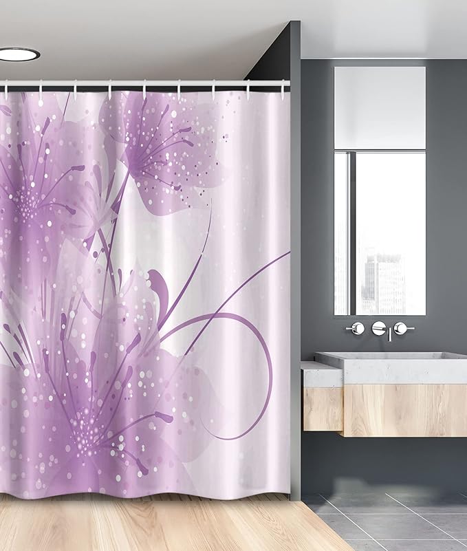 Ambesonne Modern Stall Shower Curtain, Abstract Art Style Illustration of Swirling Ornaments and Irregular Dots, Fabric Bathroom Decor Set with Hooks, 54" W x 78" L, Pale Purple and White