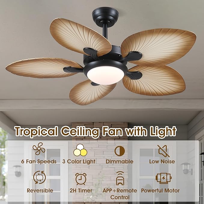 Wiviniya Tropical Ceiling Fans with Lights, 44 Inch Palm Leaf Outdoor Ceiling Fan with Light for Patios Porch Bedroom, Remote/APP Control, Reversible Quiet DC Motor, Dimmable LED, Wood Grain