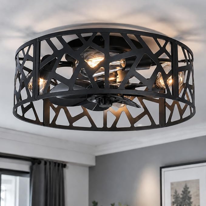 18 inch Caged Ceiling Fan with Light Vintage Black,Flush Mount Fandelier Ceiling Fan with Lights and Remote,Farmhouse Ceiling Fans for Bedroom, Kitchen, Living Room