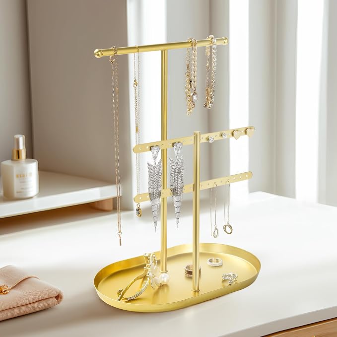 Saydear 3-Tier Jewelry Organizer Stand, Earring Holder Necklace Tree | Gold Metal Earring Rails With Top Necklace Bar, Oval Tray Base, Ideal Vanity Dresser Decor, Gift For Her