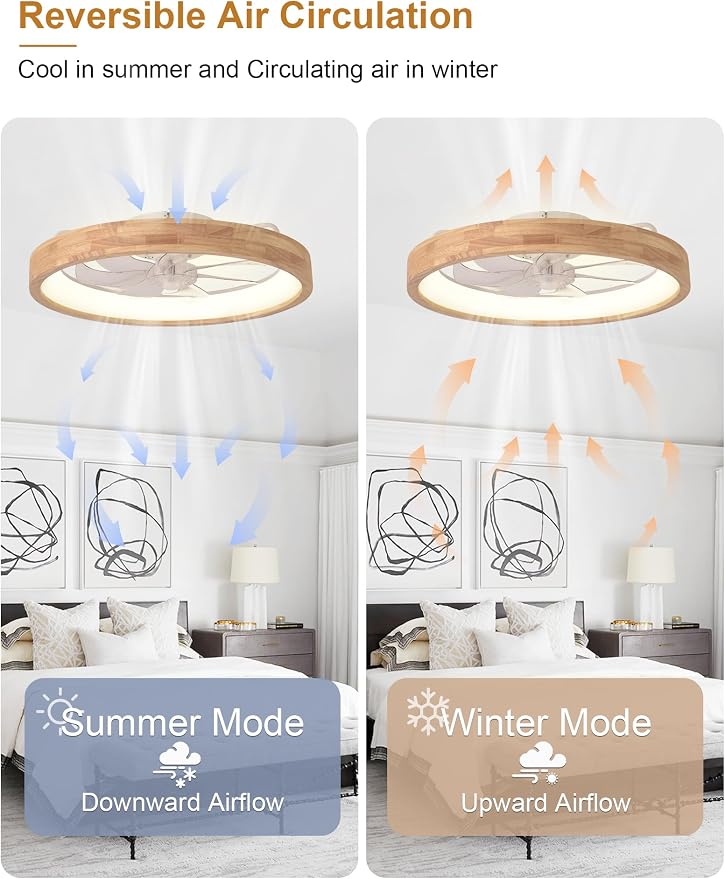 24'' Ceiling Fan with Light Fandelier Flush Mount Low Profile Wood Ceiling Fan with Dimmable LED Light 3 Color 6 Speeds