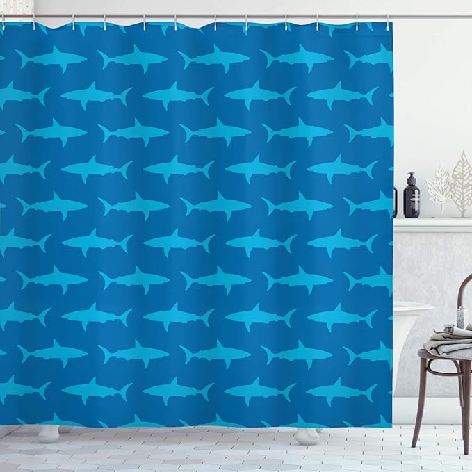 Ambesonne Sea Animals Shower Curtain, Sharks Swimming Horizontal Silhouettes Powerful Dangerous Wild Life, Cloth Fabric Bathroom Decor Set with Hooks, 69" W x 70" L, Blue