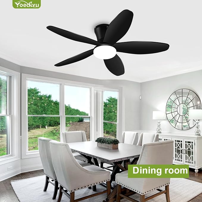 Ceiling Fans with Lights - 42 Inch Low Profile Flush Ceiling Fan with Light and Remote Control, Flush Mount, 6-Speed, 3CCT, Noiseless,Timer, Black Ceiling Fans for Bedroom Indoor/Outdoor Use