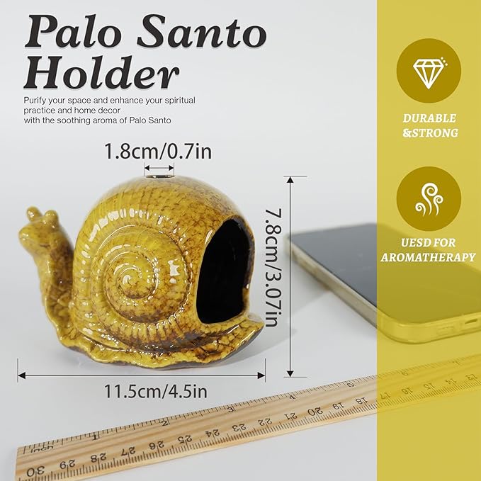 MOUGIGI Handcrafted Yellow Ceramic Snail Palo Santo Holder - Mini Fireplace Incense Burner for Sage, Wood Sticks, Cones & Tealights - Unique Aromatic Smudge Bowl for Yoga and Meditation Gifts
