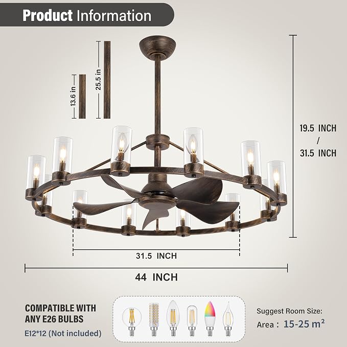 44" Wagon Wheel Chandelier Ceiling Fans with Lights and Remote with APP, 12-Lights Farmhouse Fandelier Fans with Glass Shade, Antique Bronze Lighting Fixture for Dining Living Room, Kitchen Island