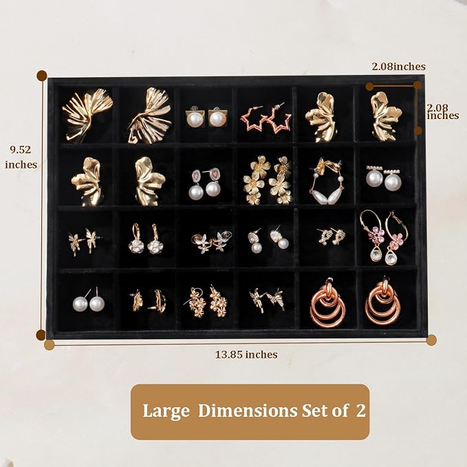 Large Velvet Jewelry Tray 2 Pack Stackable Jewelry Display Drawer Inserts Trays Organizer for Earring Bracelet Necklace Ring (Black, 24 Grids)