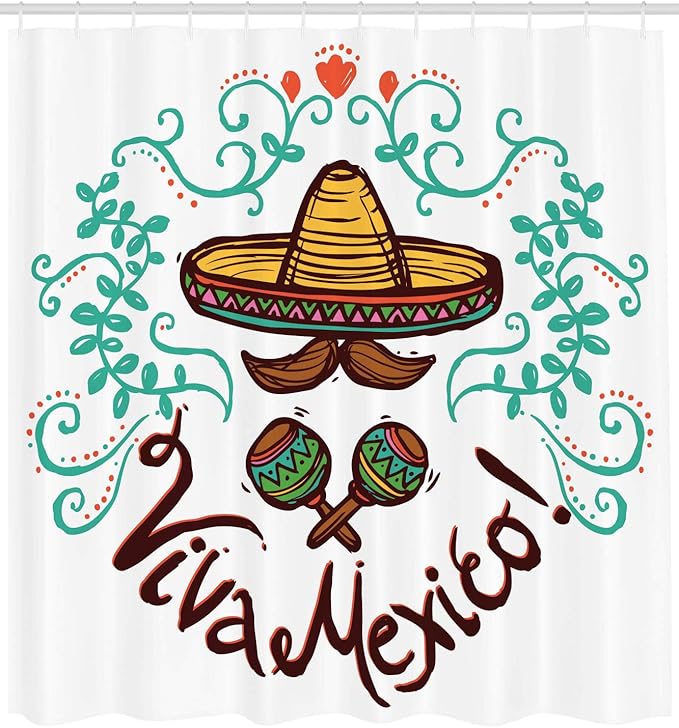 Ambesonne Mexican Shower Curtain, Mexico Style Sketch Floral Ornament Typography Design Hispanic Artwork, Cloth Fabric Bathroom Decor Set with Hooks, 69" W x 70" L, Seafoam Brown Orange