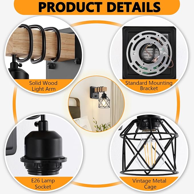 FadimiKoo Farmhouse Wall Sconces 4 Pack, Bedside Wall Lamps with Dimmer ON/Off Switch, Black Wall Light Fixtures with Metal Cage, Rustic Wooden Sconces Wall Lighting for Living Room, Hallway, Bathroom