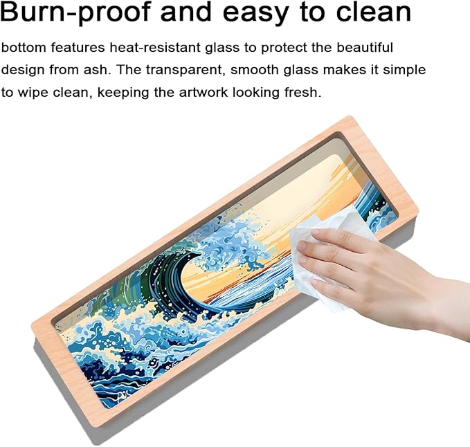 Incense Stick Holder with Wide Glass Base Ocean Landscape Wooden Incense Tray Home Decor AEFTJI