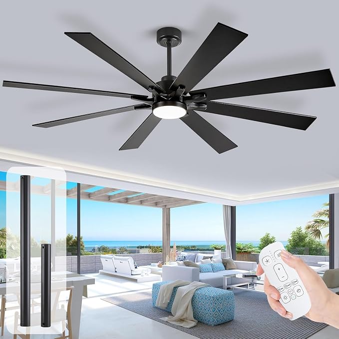 72 inch Ceiling Fans with Lights and Remote, Indoor Outdoor Ceiling Fans for Patios, Black Industrial DC Ceiling Fan with 8 Reversible Blades for Living Room Farmhouse Garage Covered Ourdoor
