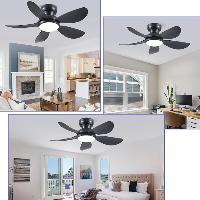 Kviflon 36 Inch Modern Ceiling Fans with Lights, Small Flush Mount Ceiling Fan, Remote/APP Control, 5 Reversible Curved Blades, 6 Speeds, 3 CCT Dimmable Lights for Kids Room Bedroom, Black