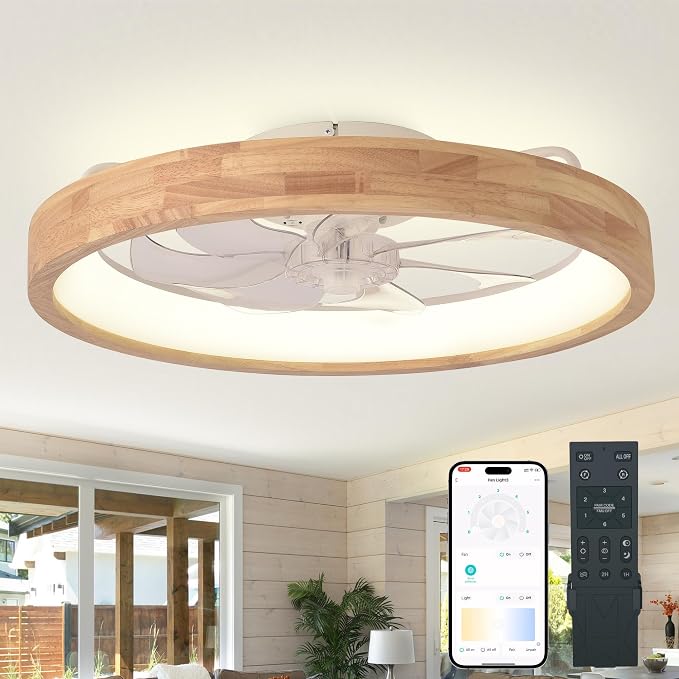 24" Solid Wood Low Profile Ceiling Fan with Light and Remote/APP | Reversible Quiet DC Flush Mount Fan Light,6 Speed Dimmable 3 Color Temperature for Bedroom Kidsroom Dining Room