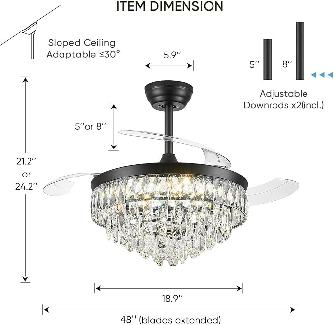 48 Inch Chandelier Ceiling Fan with Lights, Retractable Fan with Remote and APP, Crystal Fandelier Ceiling Fan, Dimmable LED, Reversible Motor, Quiet for Bedroom Living Room-Black