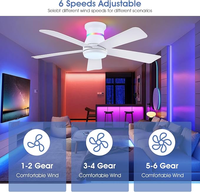 Surtime 46" White Ceiling Fans with RGB Lights - Flush Mount Ceiling Fan Light with LED 3CCT Dimmable, Modern Low Profile Ceiling Fans for Indoor Party,Covered Outdoor