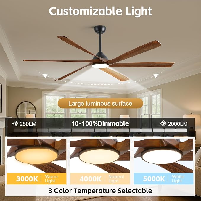 72 inch Outdoor Ceiling Fan for Patio with Lights, High CFM Modern Smart Ceiling Fan with Alexa/Remote/App Control, Rustic Farmhouse Wood Outdoor Fan for Indoor Exterior Porch Gazebo Garage