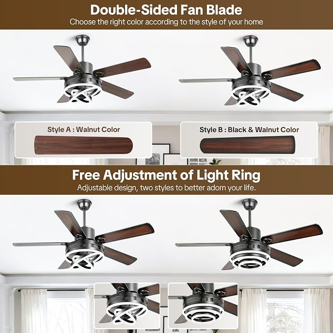 52 Inch Chandelier Ceiling Fans with Lights, Modern Ceiling Fan with Remote Control for Living Room Kitchen, Dimmable, 6 Speed Reversible DC Motor, Dual Finish, Black