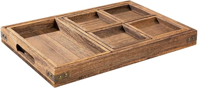 Yangbaga Rustic Wooden Serving Trays with Handle - Set of 7 Rectangular Platters for Entertaining, Breakfast, Coffee Table, Home Decor