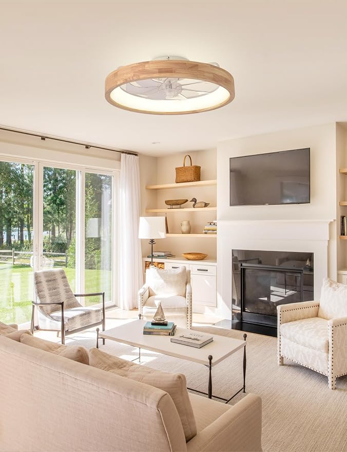 20'' Low Profile Ceiling Fans with Lights Modern Flush Mount Wood Ceiling Fan and Remote Dimmable LED
