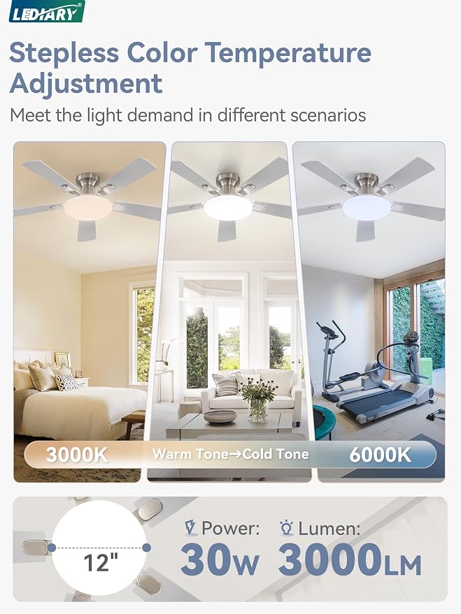 42 Inch Ceiling Fan with Lights and Remote, 30W 12" LED Panel Flush Mount Ceiling Fan, 6-Speed Quiet DC Motor Modern Low Profile Ceiling Fan with Reversible Blades for Bedroom, Living Room, Patio