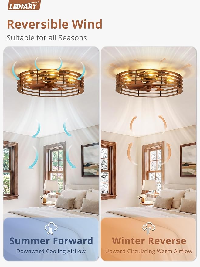 LEDIARY 23" Flush Mount Caged Ceiling Fan with Light, Low Profile Ceiling Fans with Light and Remote, 6 Speed & Reversible, Farmhouse Enclosed Fan Lights for Bedroom, Kitchen, Living Room, Dining Room