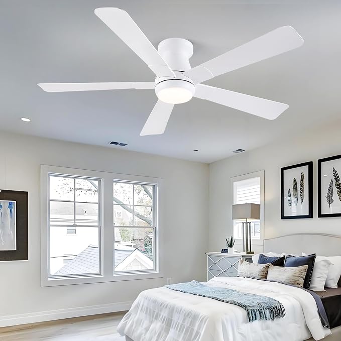Hounberi 52" Flush Mount Ceiling Fan with Lights and Remote, Modern Black Low Profile Ceiling Fan, Quiet Reversible DC Motor, 3CCT Dimmable LED, Ideal for Bedroom, Kitchen and Low Ceilings, White