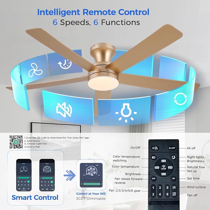 Ayaoty 46" Ceiling Fans with Lights and Remote - Flush Mount Ceiling Fan Light with ABS Blades and 3CCT Dimmable, Reversible, Low Profile Fan Light for Indoor Modern Bedroom, Kitchen Gold