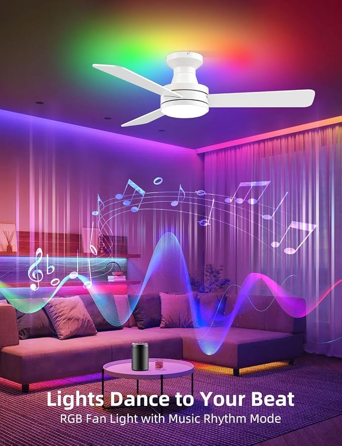 42" RGB Ceiling Fan with Light, Music Sync Smart Fan Works with Alexa/Google Assistant/App Control, Low Profile Flush Mount, 6-Speed Quiet DC Motor, 4 CCT Dimmable Lighting for Bedroom Living Room