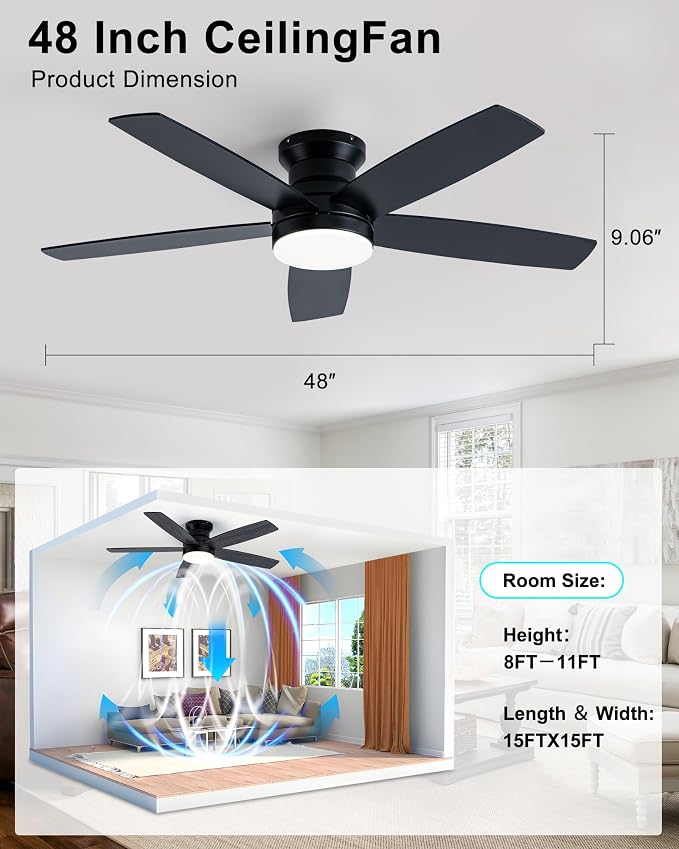 Coolwind 48 Inch Black Flush Mount Ceiling Fan with Display Remote/APP Control, Quiet Low Profile Ceiling Fan with Light, 8 Speeds, Dimmable, 3CCT, Timer, DC Reversible Motor for Bedroom, Living Room