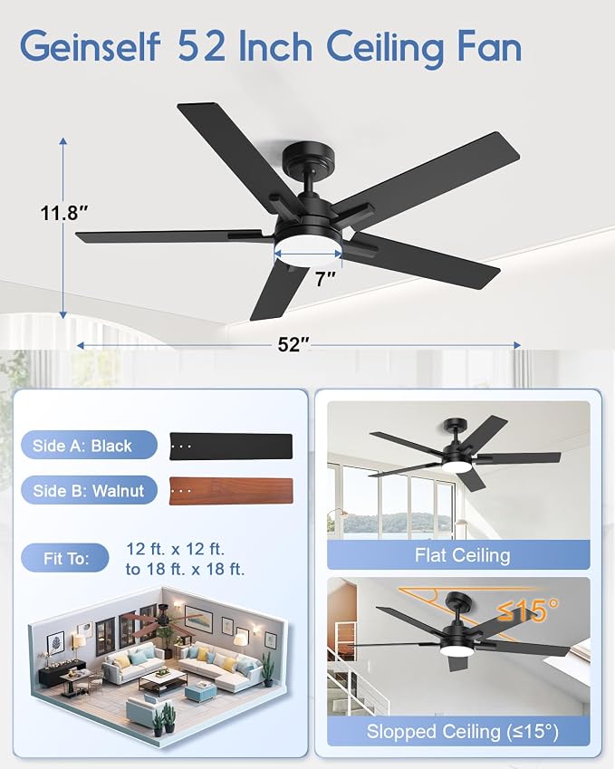 52 Inch Smart Ceiling Fans with Lights, Compatible with Alexa/Remote/APP, Downrod Mount, Reversible DC Motor, High CFM, 5 Blades, 6 Speeds, 3CCT, Dimmable, for Bedroom, Living Room, Black