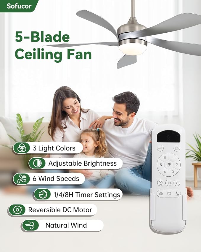 Sofucor 42 Inch Ceiling Fan with Lights and Remote, Indoor/Outdoor Ceiling Fan with Light 6-Speed 3 CCT 3-Timer, Low Profile White Ceiling Fan 5 Blade Quiet DC Motor for Bedroom Living Room Patio