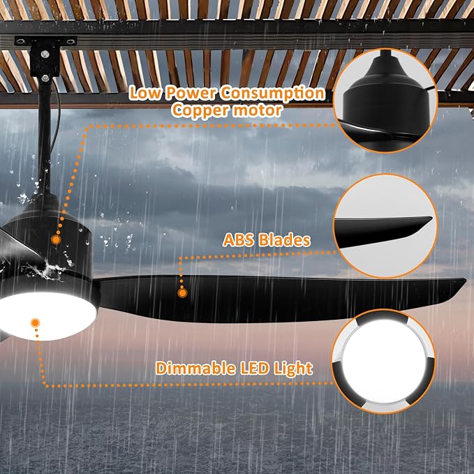 Depuley Outdoor Ceiling Fan with Light: 52 Inch Gazebo Fan Outdoor Hanging - Plug in Waterproof Fans with Lights for Patio - Dimmable Remote App Control Black