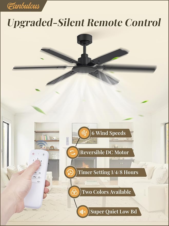 Fanbulous Ceiling Fan No Light, 48 Inch Indoor/Outdoor 6 Blades Ceiling Fan with Remote, 6-Speeds, Quiet Reversible DC Motor, Fans Without Light for Tilted Ceiling/Bedroom/Living Room/Patios, 2 Pack