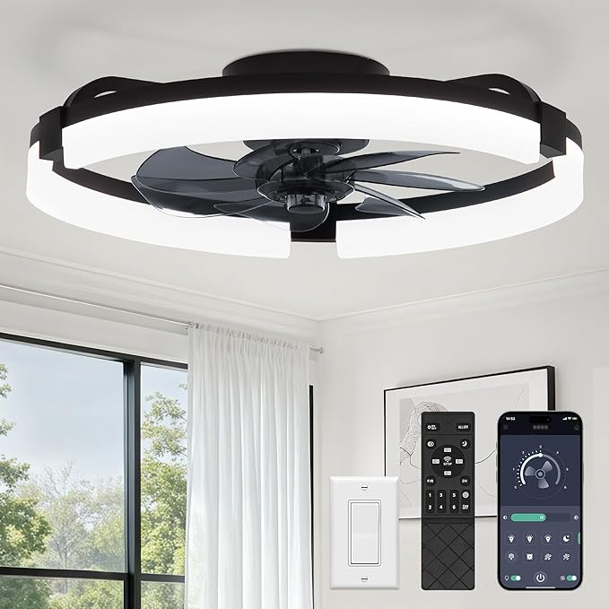 LEDIARY 20" Ceiling Fans with Lights and Remote, Modern Low Profile Ceiling Fan, 3 CCT, Stepless Dimmable, Fandelier Flush Mount Fan Light, 6 Speeds, DC Motor, App & Remote Control for Bedroom(Black)