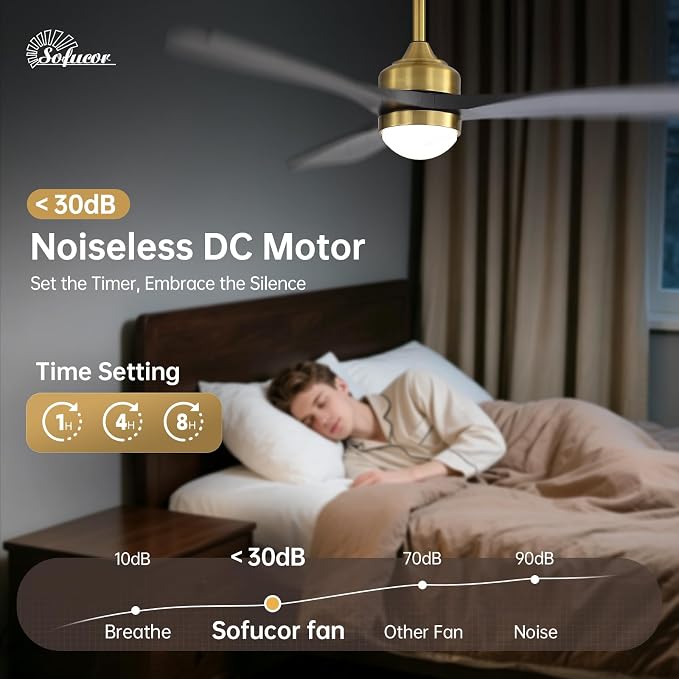 Sofucor 52" Solid Wood Ceiling Fan Lights, Flush Mount & Downrod Mount Ceiling Fan with Lights and Remote, Wood Blades Modern Outdoor Ceiling Fans for Bedroom/Farmhouse/Patio/Indoor