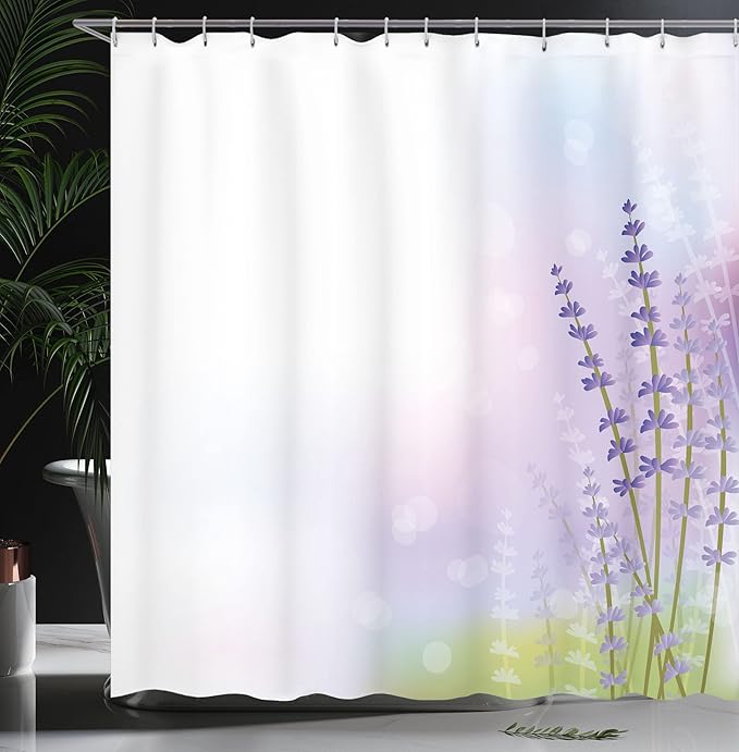 Ambesonne Lavender Shower Curtain, Nature Inspired Abstract Backdrop with Gentle Pastel Lavender Stems, Cloth Fabric Bathroom Decor Set with Hooks, 69" W x 70" L, Green Violet