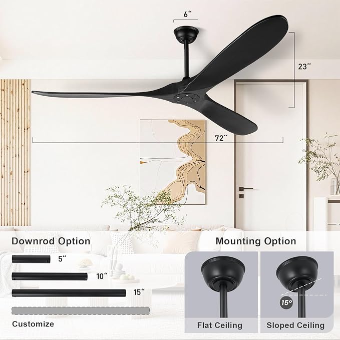 heimo 72 Inch Black Ceiling Fan No Light，Wood Indoor Outdoor Ceiling Fan Without Lights for Patios Living Room Gazebo Modern Big Exter Large Exterior Fans with Long Downrod