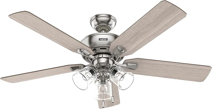 Hunter Rosner, Indoor, Ceiling Fan, Standard Mount, 52 inch, Brushed Nickel | with LED Lights and Pull Chain, 5 Blades, For Bedroom, Living Room, Kitchen, 3 inch Downrod, 51596