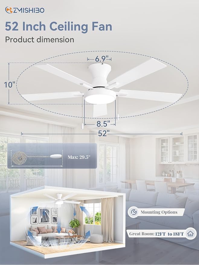 ZMISHIBO 52inch Ceiling Fans with Lights, Low Profile Ceiling Fan with Pull Chain and Remote Control, Flush Mount, Reversible, Dimmable, Noiseless, White Pull Cord Ceiling Fan for Bedroom