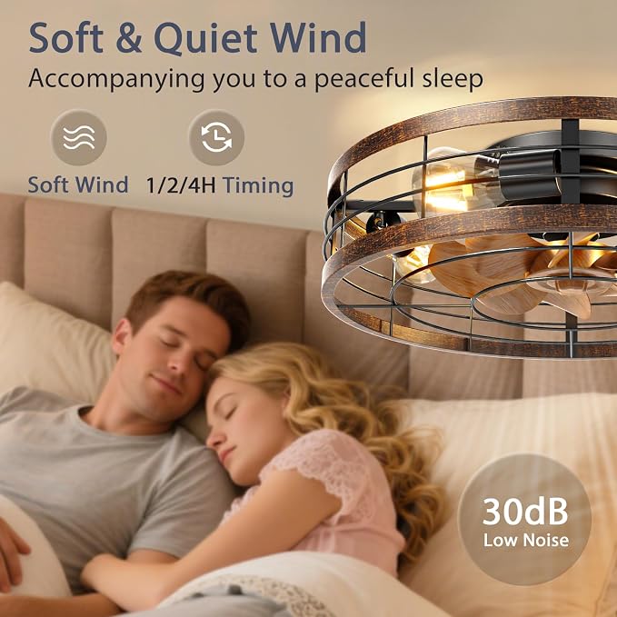 VOLISUN Farmhouse Caged Ceiling Fans with Lights Flush Mount, 19.7'' Rustic Low Profile Ceiling Fan with Light and Remote, Bladeless Fandelier Ceiling Fans with Lights for Kitchen, Bedroom-Gold