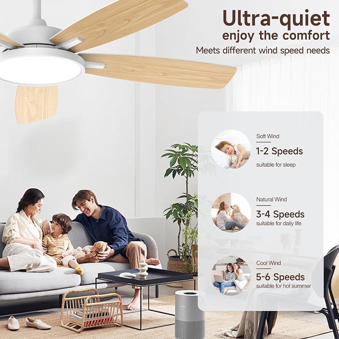 Roomratv Ceiling Fans with Lights,52 inch Smart Ceiling Fans with Dimmable LED Light Compatible with Google Home Alexa App Control(white