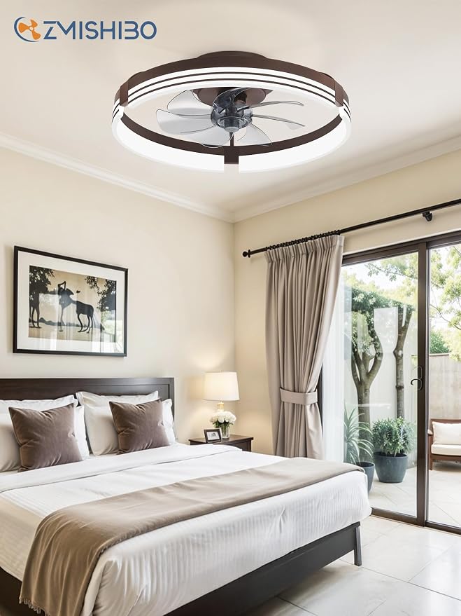 ZMISHIBO Low Profile Ceiling Fans with Lights and Remote, 20 Inch Flush Mount Ceiling Fan with Light, 3000K-6000K Dimmable Fandelier LED Fan Light, 6 Wind Speeds Brown Ceiling Fans for Bedroom